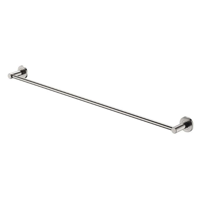 Fienza Kaya single towel rail in brushed nickel, 900mm long, with concealed round wall mounts on a white background