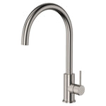 Fienza Kaya brushed nickel gooseneck sink mixer with swivel spout and pin lever handle, shown on white background