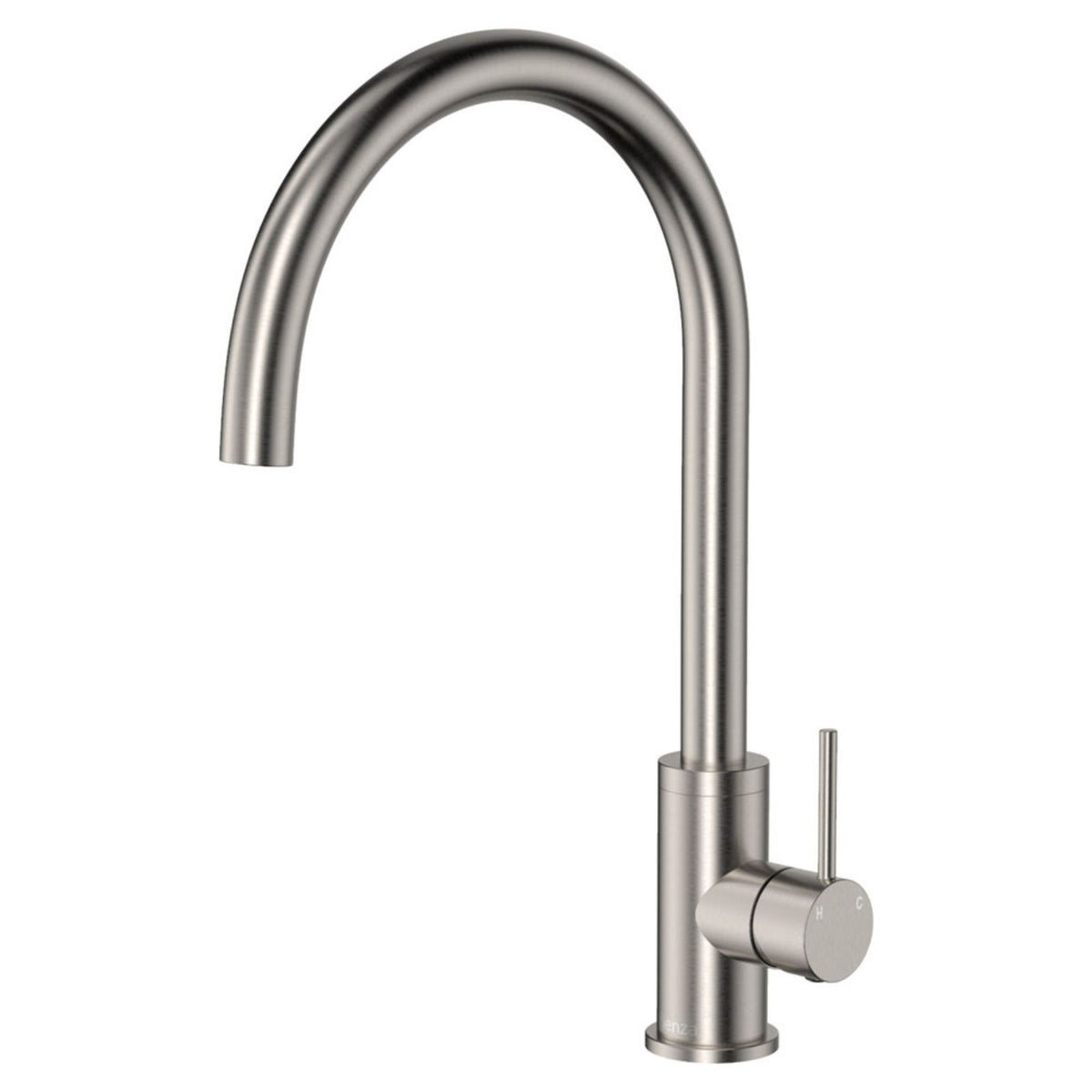 Fienza Kaya brushed nickel gooseneck sink mixer with swivel spout and pin lever handle, shown on white background