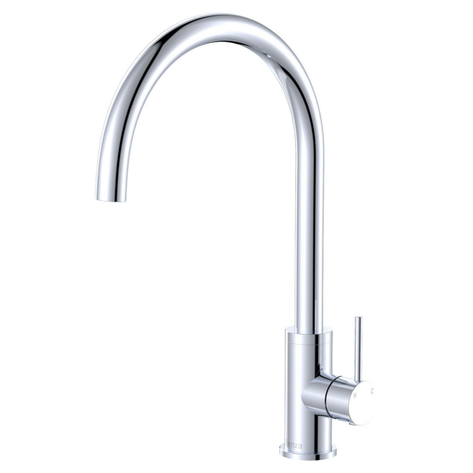 Fienza Kaya chrome gooseneck sink mixer with single lever handle, shown on white background