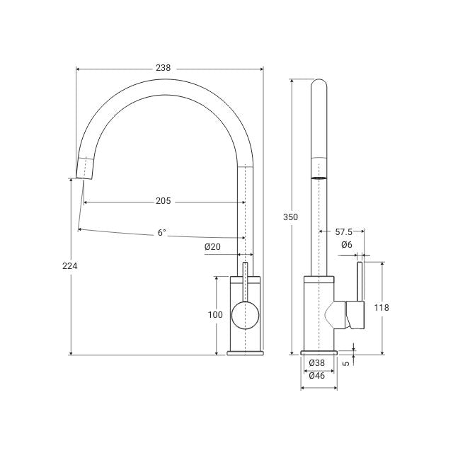 Fienza Kaya sink mixer technical drawing in gloss warm white, showing gooseneck swivel tap dimensions and side view in profile