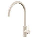 Fienza Kaya gooseneck sink mixer in gloss warm white, with swivel spout and round lever handle, on white background