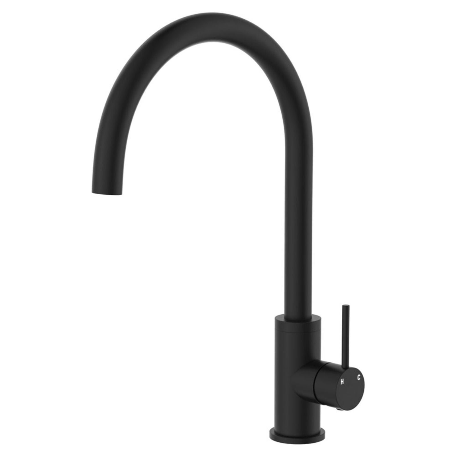 Fienza Kaya matte black gooseneck sink mixer tap with swivel spout and single lever handle, hob mounted on white background