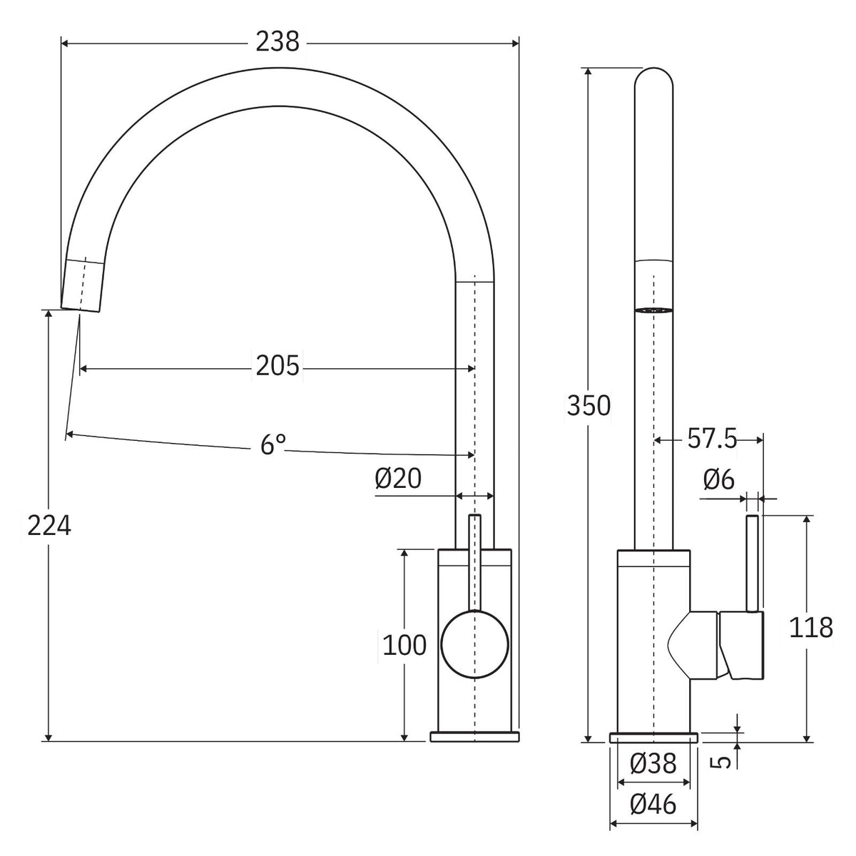 Fienza Kaya matte black sink mixer technical drawing with gooseneck swivel spout, side lever and dimensions shown