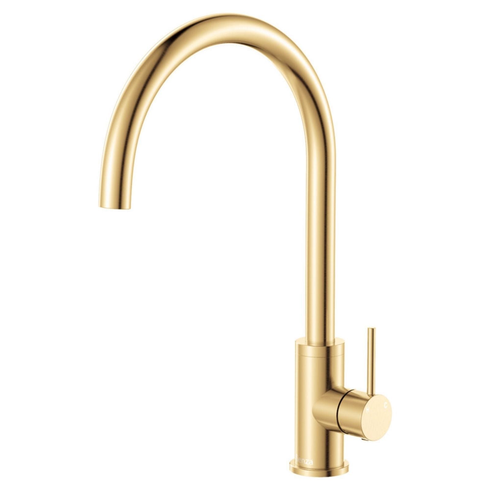 Fienza Kaya gooseneck sink mixer in Urban Brass, shown on white background with swivel lever handle