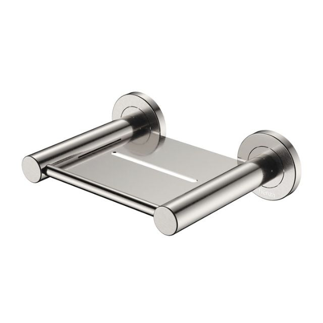 Fienza Kaya brushed nickel soap shelf with circular wall mounts and stainless steel slatted tray