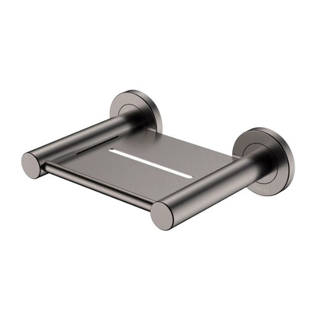Fienza Kaya wall-mounted soap shelf in gun metal with concealed fixings and drain slot