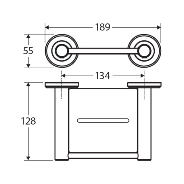 Fienza Kaya soap shelf in Urban Brass, technical drawing showing wall-mount dimensions and front view