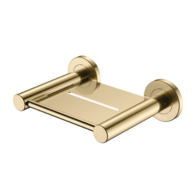 Fienza Kaya wall-mounted soap shelf in urban brass, with circular wall plates and drain slot