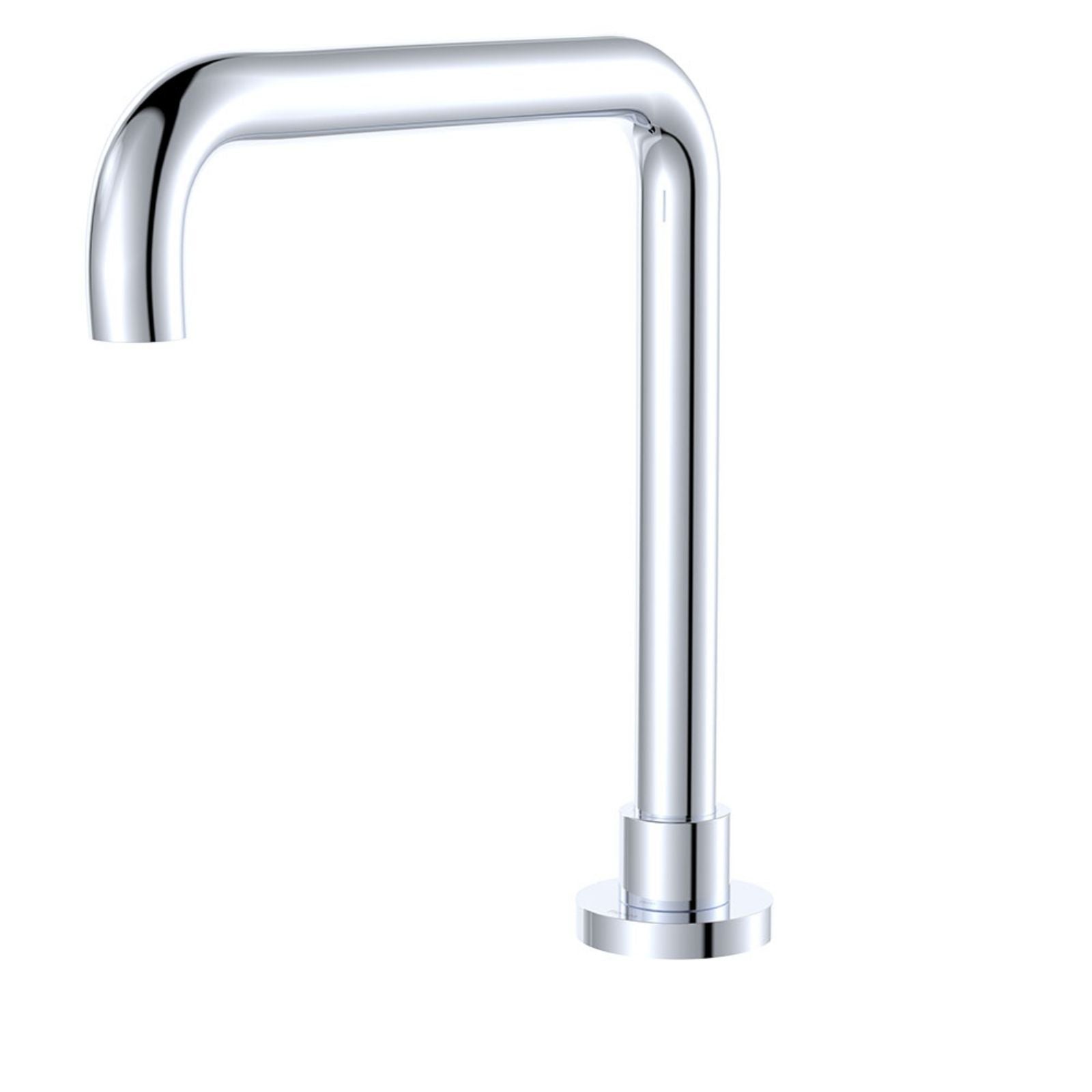Fienza Kaya squareline hob outlet spout in chrome, shown front-on with a fixed L-shaped design and round base base mount