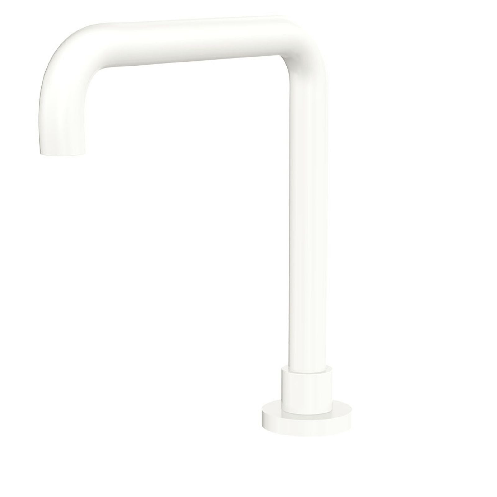 Fienza Kaya squareline hob outlet spout in matte white, shown front on with hob-mounted base