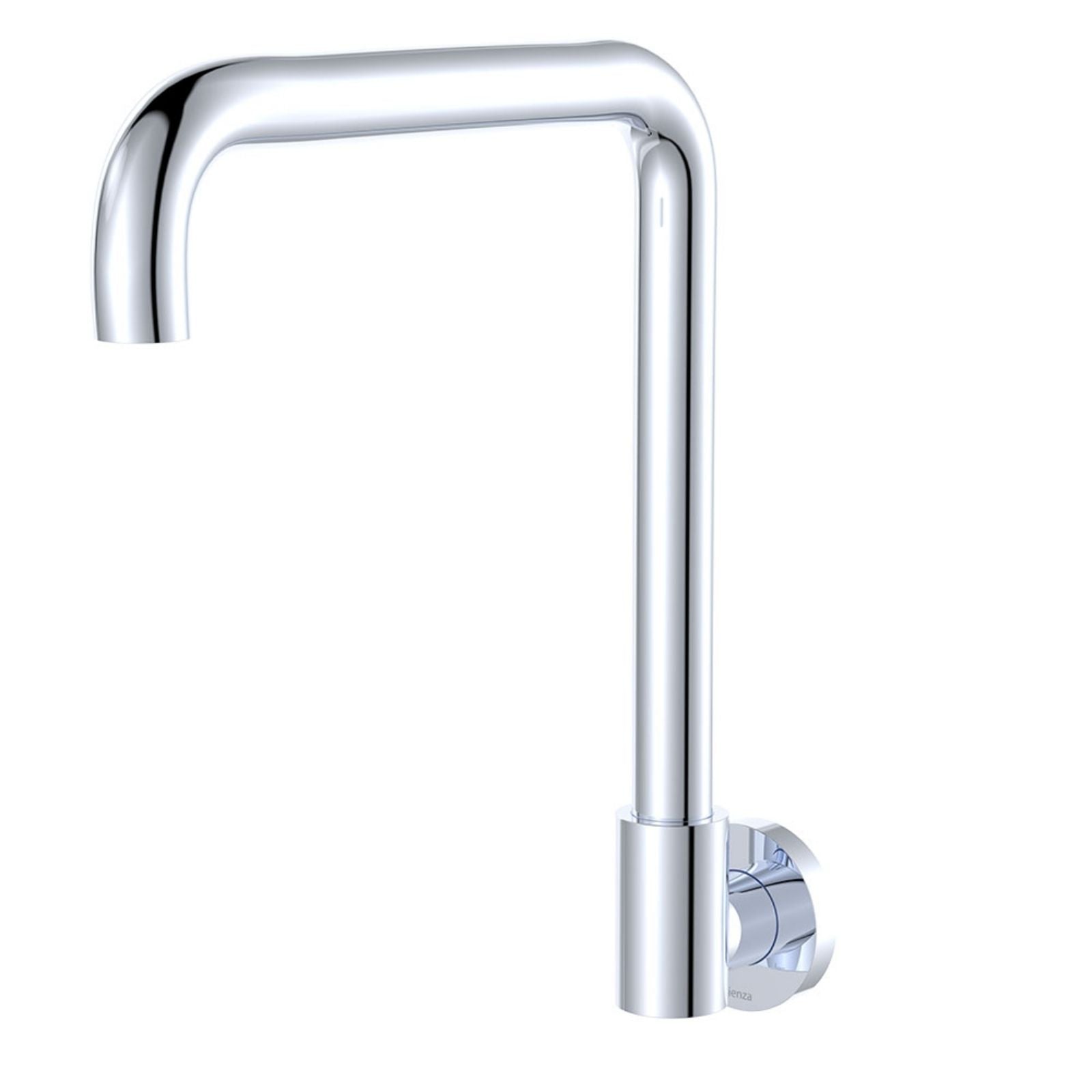 Fienza Kaya Squareline wall swivel outlet in chrome, shown front on with square-edged curved spout and wall plate