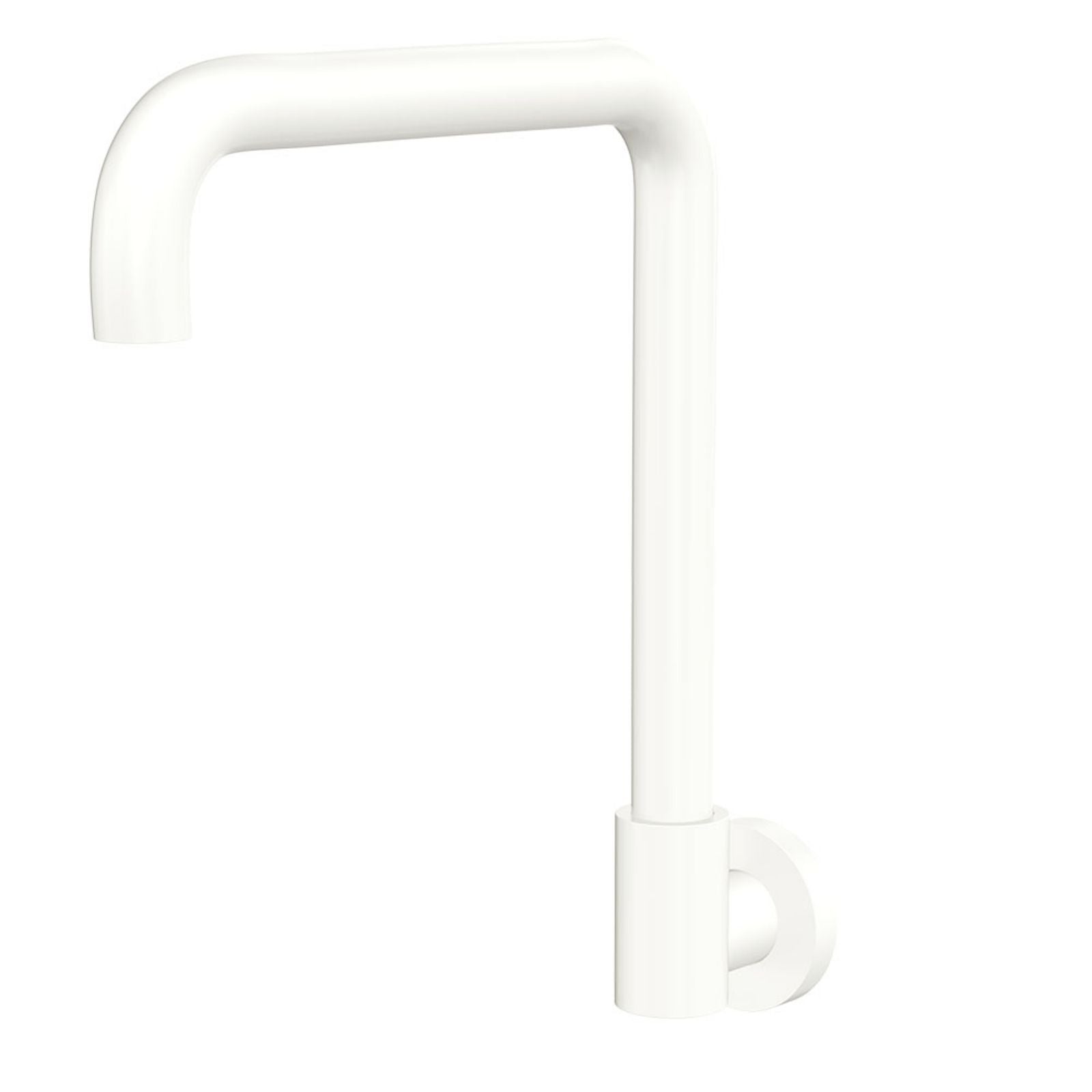 Fienza Kaya squareline wall swivel outlet in matte white, wall-mounted tap spout with round base and curved squareline profile