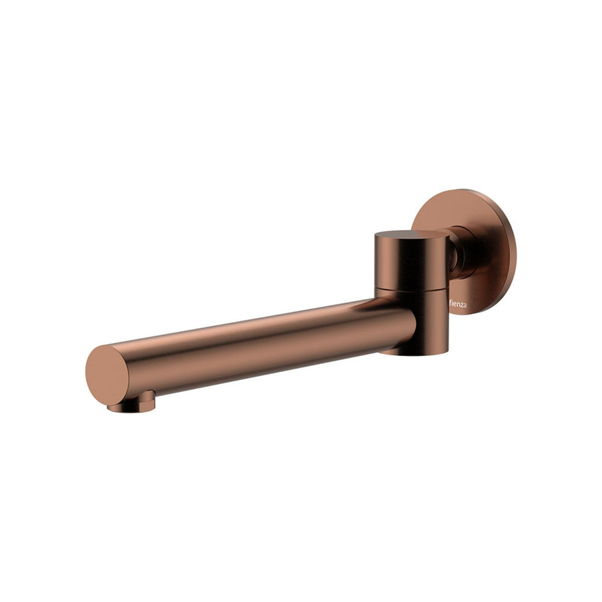Fienza Kaya swivel wall basin/bath spout in brushed copper, wall-mounted with round plate and 230mm outlet.