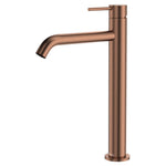 Fienza Kaya tall basin mixer in brushed copper, side view, with curved spout and pin lever handle, hob mounted tap