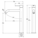 Technical drawing of a Fienza Kaya tall basin mixer, showing brushed copper finish and dimensions in front and side view