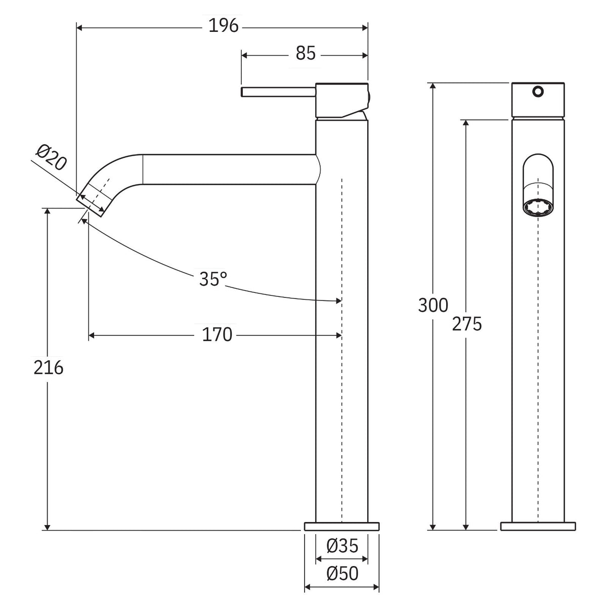 Technical drawing of a Fienza Kaya tall basin mixer, showing brushed copper finish and dimensions in front and side view