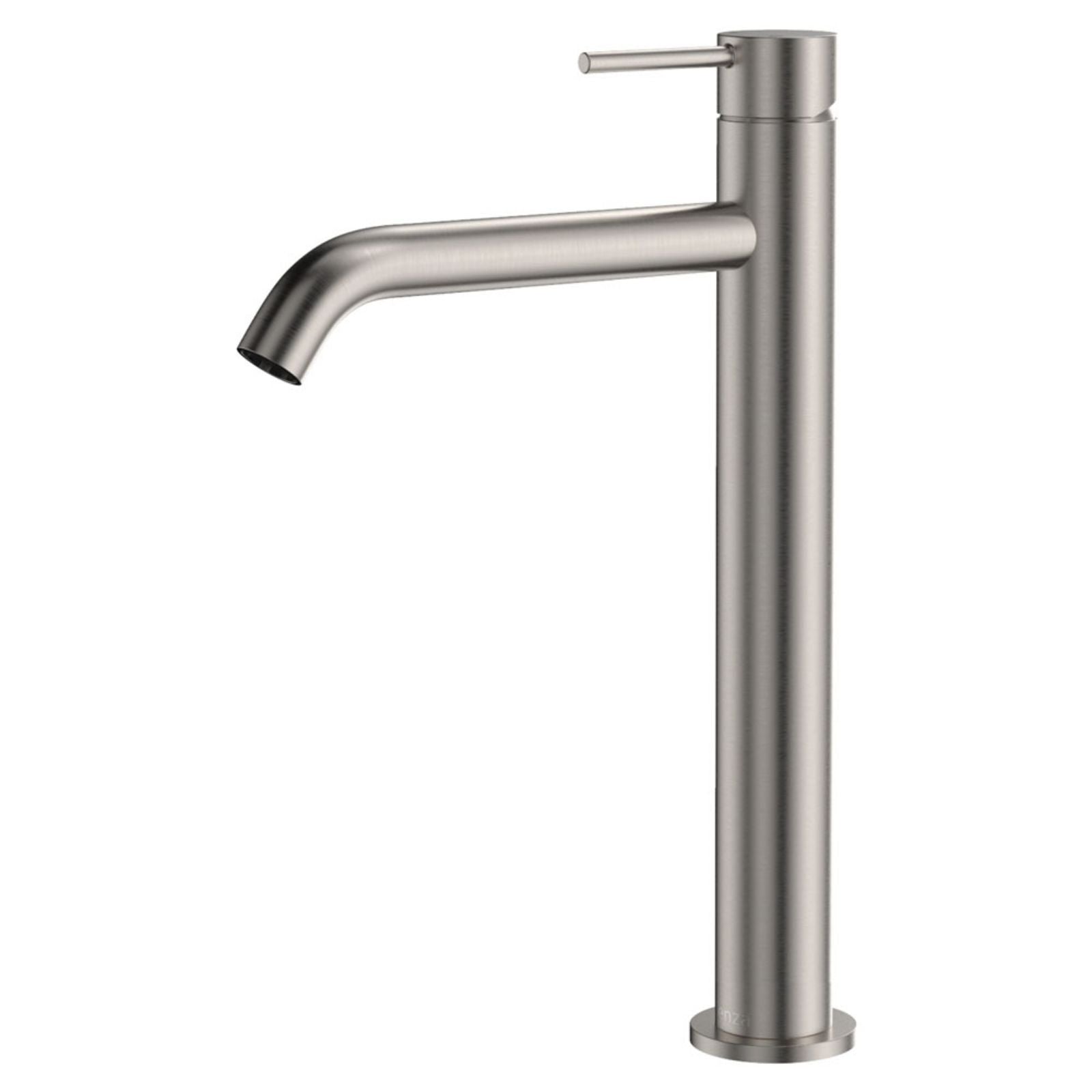 Fienza Kaya tall basin mixer in brushed nickel, shown in side view with curved spout and slim lever handle