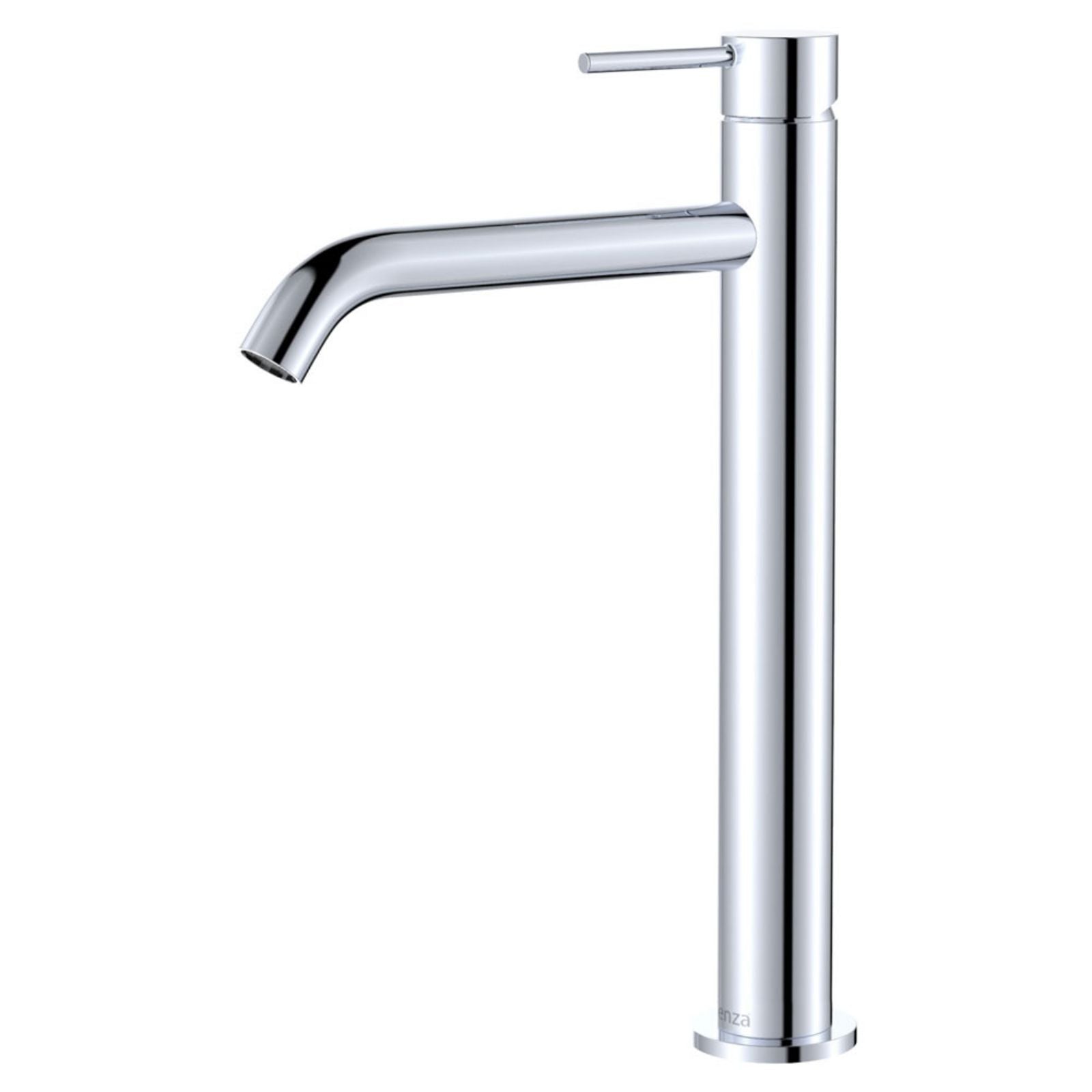 Fienza Kaya tall basin mixer in chrome, with curved spout and single lever handle on a slim cylindrical body.