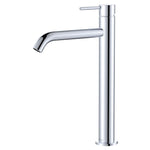 Fienza Kaya tall basin mixer in chrome, with curved spout and single lever handle on a slim cylindrical body.