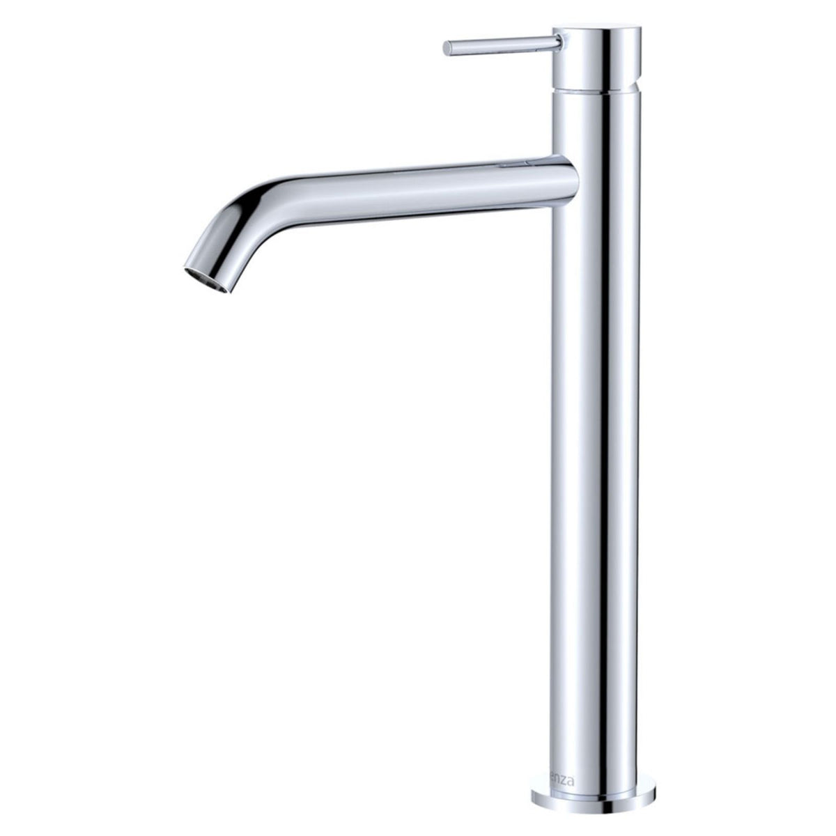 Fienza Kaya tall basin mixer in chrome, with curved spout and single lever handle on a slim cylindrical body.