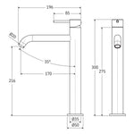 Technical drawing of Fienza Kaya tall basin mixer in chrome, showing side and front views with dimensions and 35° curved spout.