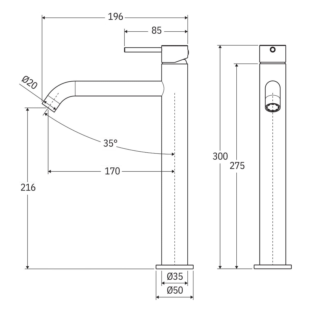 Technical drawing of Fienza Kaya tall basin mixer in chrome, showing side and front views with dimensions and 35° curved spout.