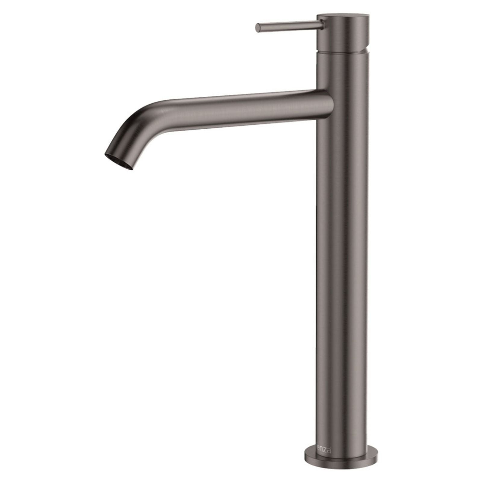 Fienza Kaya tall basin mixer in gun metal, with curved spout and slim lever on a white background