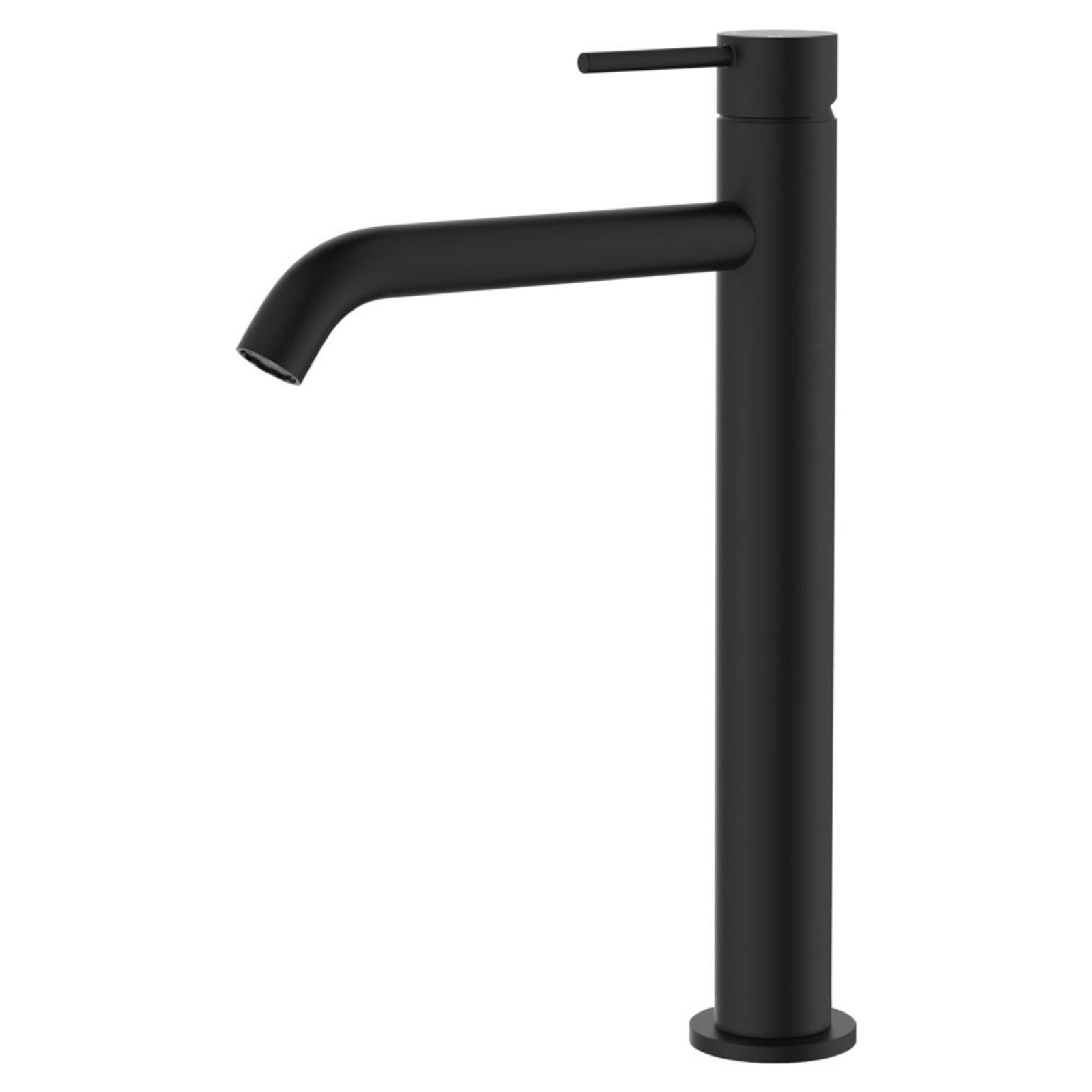 Fienza Kaya tall basin mixer in matte black, shown on white background with curved spout and round lever handle