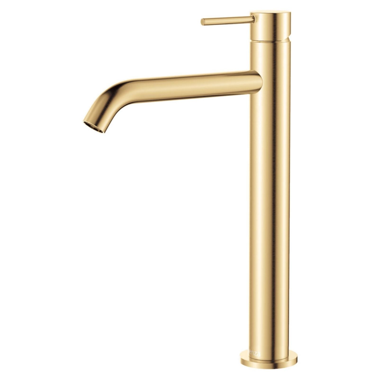 Fienza Kaya tall basin mixer in Urban Brass with curved spout and slim pin lever handle
