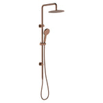 Fienza Kaya twin rail shower in brushed copper with overhead rose and hand shower on vertical rail, front view