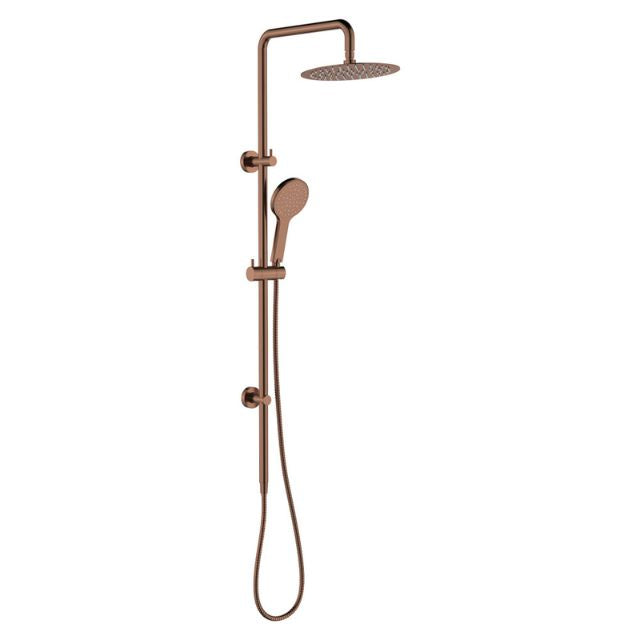 Fienza Kaya twin rail shower in brushed copper with overhead rose and hand shower on vertical rail, front view