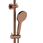 Fienza Kaya twin rail shower in brushed copper, with round hand shower and vertical rail on white background