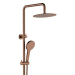 Fienza Kaya twin rail shower in brushed copper, with overhead rose and hand shower on a vertical rail