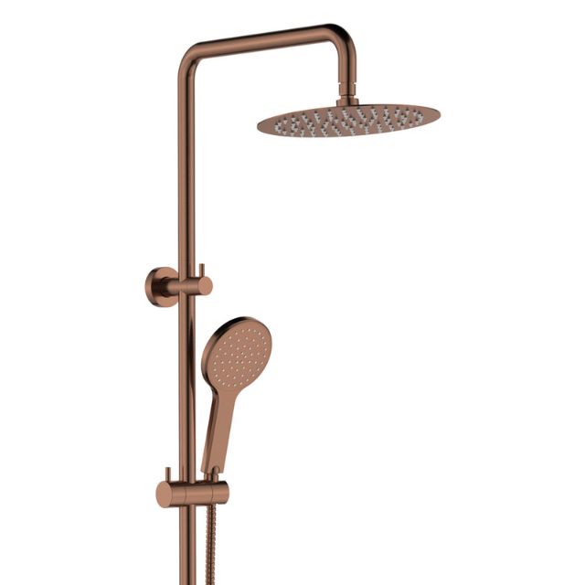 Fienza Kaya twin rail shower in brushed copper, with overhead rose and hand shower on a vertical rail
