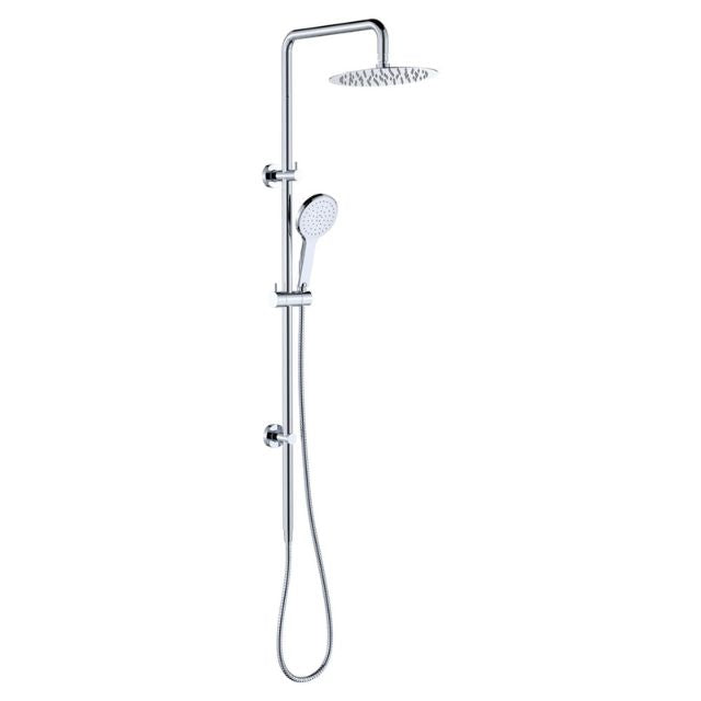 Fienza Kaya twin rail shower in chrome with overhead round head and adjustable hand shower on rail