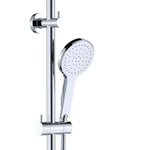 Fienza Kaya chrome twin rail shower with round overhead head and handheld shower on a vertical rail
