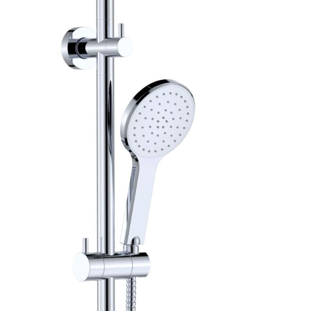 Fienza Kaya chrome twin rail shower with round overhead head and handheld shower on a vertical rail