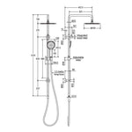 Technical drawing of Fienza Kaya twin rail shower in chrome, showing overhead head, hand shower, adjustable slider and dimensions.