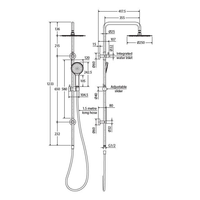 Technical drawing of Fienza Kaya twin rail shower in chrome, showing overhead head, hand shower, adjustable slider and dimensions.