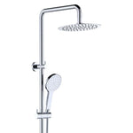 Fienza Kaya twin rail shower in chrome with round overhead head and hand shower on adjustable rail