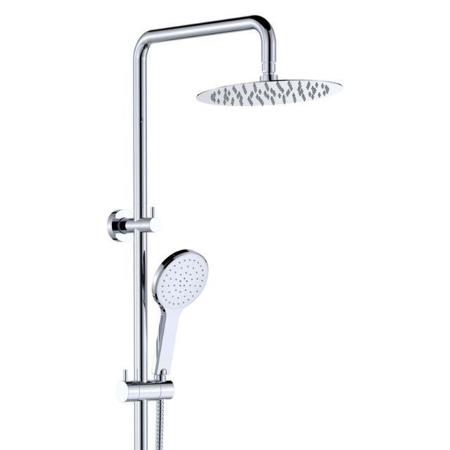 Fienza Kaya twin rail shower in chrome with round overhead head and hand shower on adjustable rail