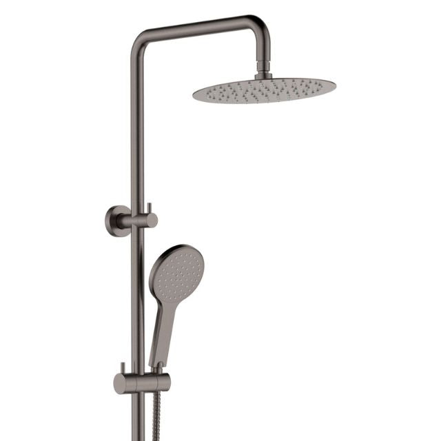 Fienza Kaya twin rail shower in gun metal with overhead round shower head and hand shower on rail, front view