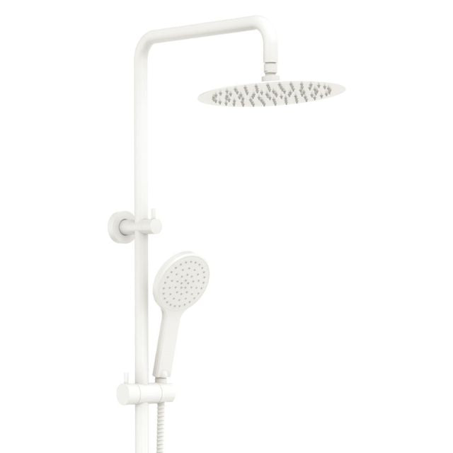 Fienza Kaya twin rail shower in matte white, with overhead rain shower and hand shower on a slim rail