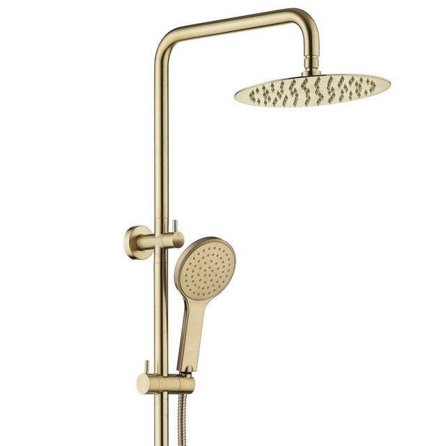 Fienza Kaya twin shower in urban brass, with round overhead rose and hand shower on rail, isolated on white background
