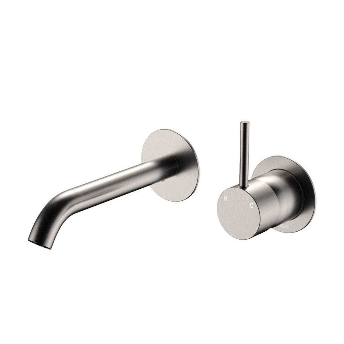 Fienza Kaya wall basin/bath mixer set in brushed nickel, with round plate, curved spout and pin lever handle