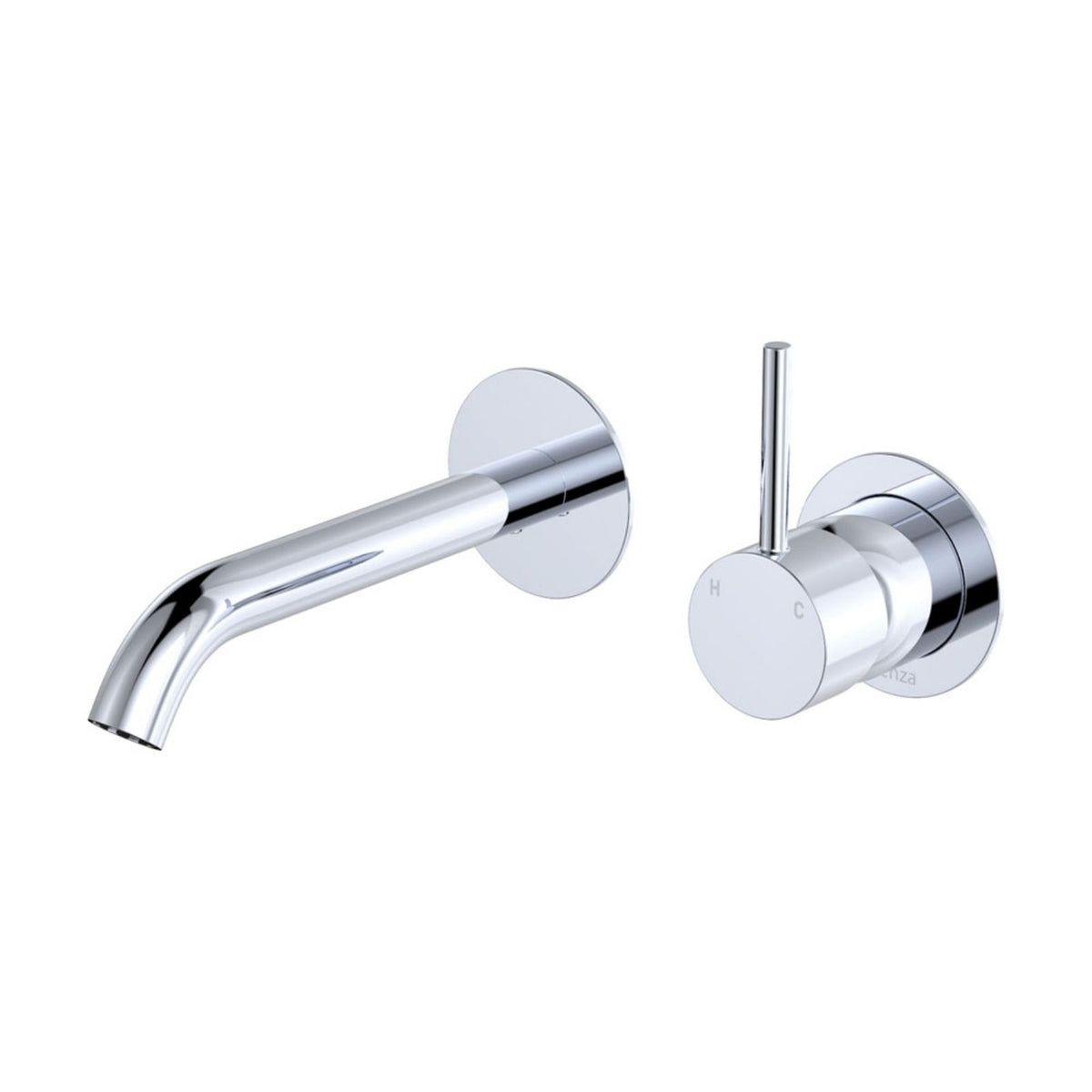 Fienza Kaya wall basin/bath mixer set in chrome, round wall-mounted tap with curved spout and pin lever handle