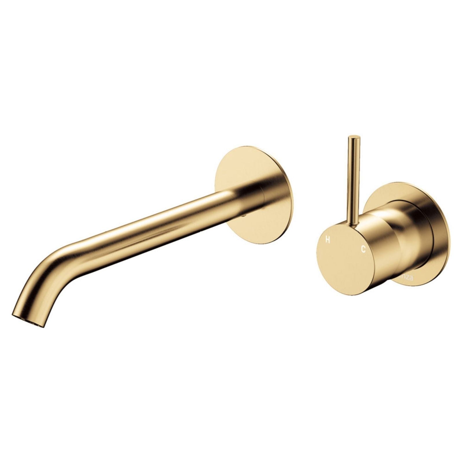 Fienza Kaya wall basin/bath mixer set in urban brass, with round plates and curved spout on white background