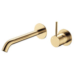Fienza Kaya wall basin/bath mixer set in urban brass, with round plates and curved spout on white background