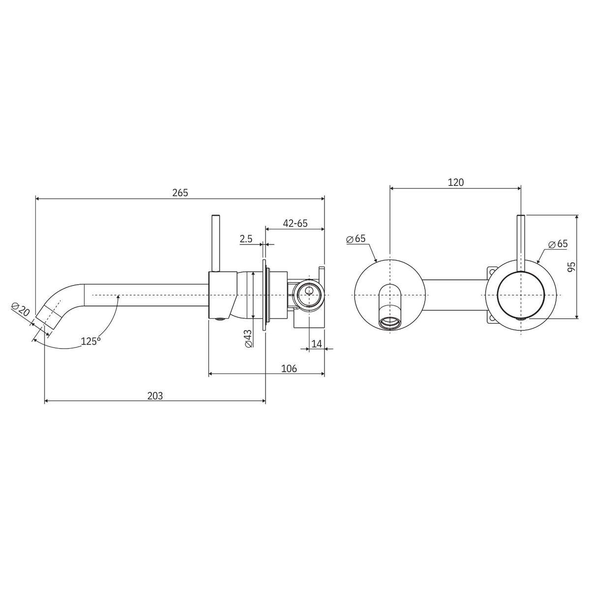 Fienza Kaya wall basin/bath mixer set technical drawing in urban brass with 200mm curved outlet and round wall plate